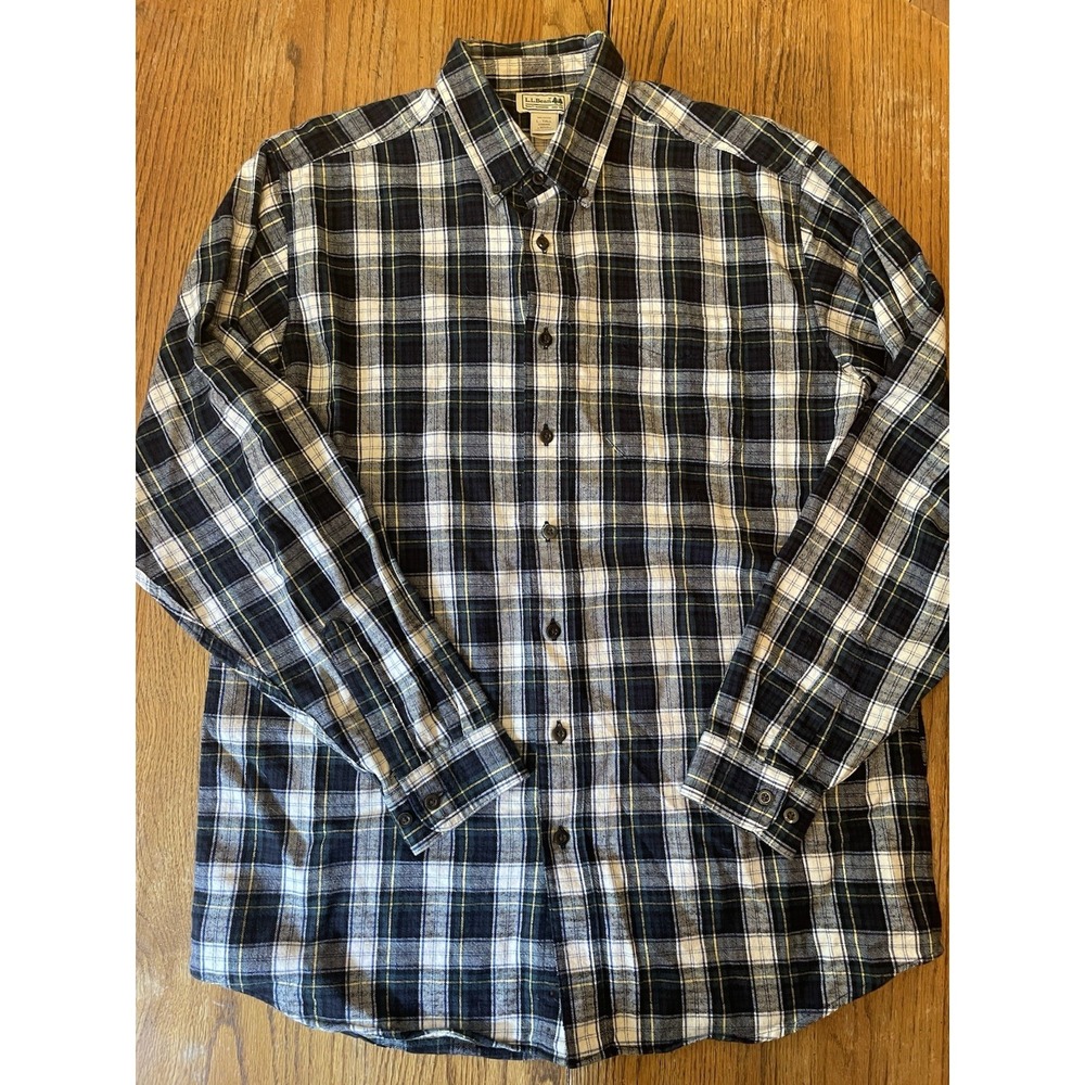 LL Bean Mens Flannel Shirt Large Tall Navy Blue Plaid Button Down 228066